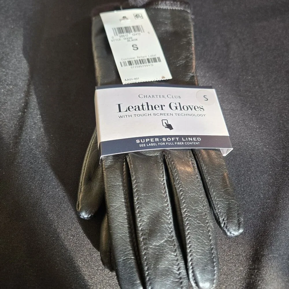 Women's Charter Club Leather Black Gloves Size S Fleece Lined Touch Screen Tech
